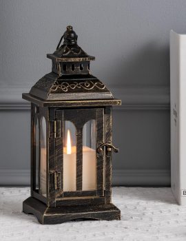 DECORKEY Candle Lantern Decorative Indoor & Outdoor, Christmas Vintage Metal Hanging Lanterns Decor for Front Porch Home Patio Wedding Party, Halloween Decorations (Black with Copper Brush)