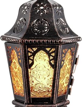 DECORKEY Ramadan Decorations, Lantern Decorative Indoor & Outdoor, 13.6’’ Vintage Decorative Hanging Lanterns with Chian for Home Porch Patio Decor, Metal Christmas Candle Holder Decorations (Amber)