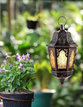 DECORKEY Ramadan Decorations, Lantern Decorative Indoor & Outdoor, 13.6’’ Vintage Decorative Hanging Lanterns with Chian for Home Porch Patio Decor, Metal Christmas Candle Holder Decorations (Amber)